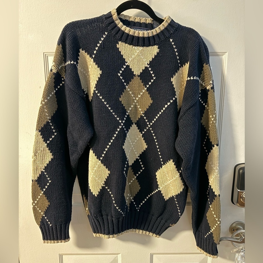90’s Argyle Crewneck Sweater Woods & Gray Preppy Cotton Navy Beige Grandpa VTG